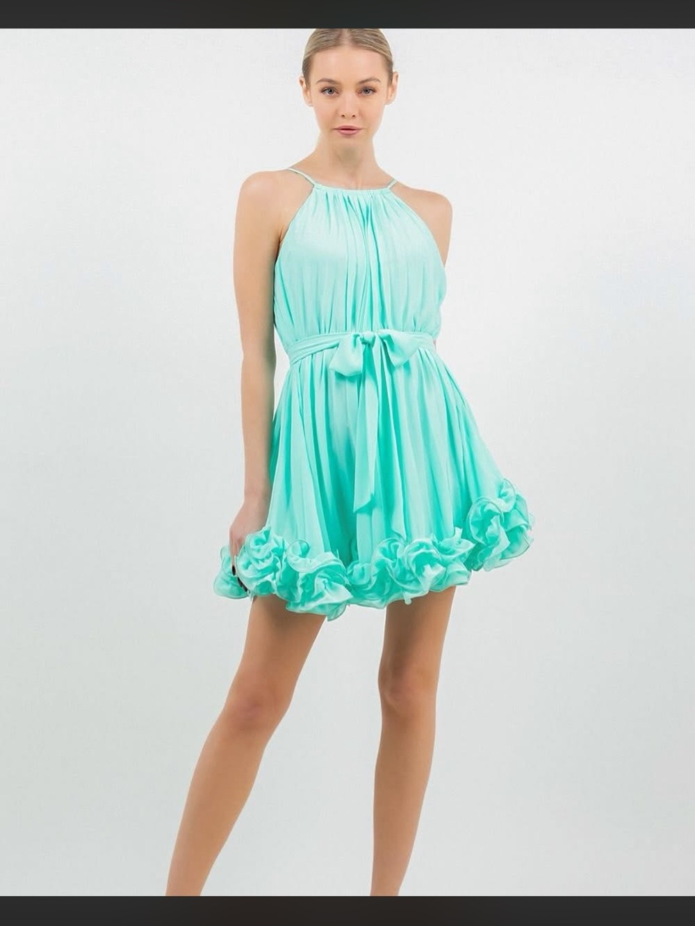 Chiffon Allover Pleated Tie Waist Wired/Bubble Hem Mini Dress